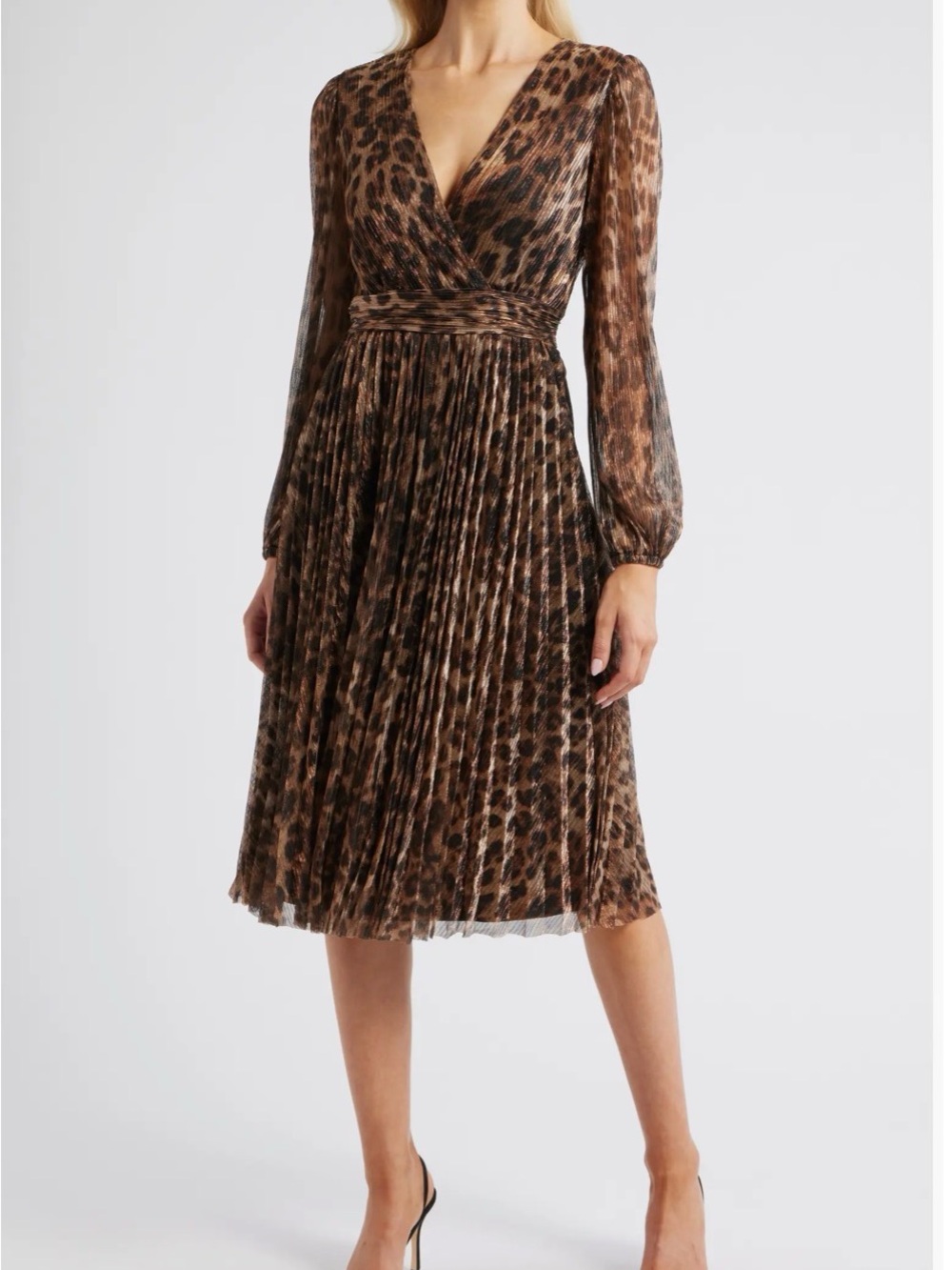 Halogen Brown Leopard-Print Pleated Wrap Midi Dress